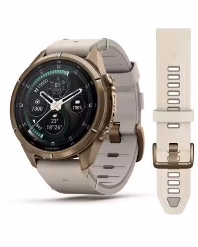 Garmin fēnix® 9 Pro – inReach®, 43mm - Gulloker titan med benhvit skinnrem
