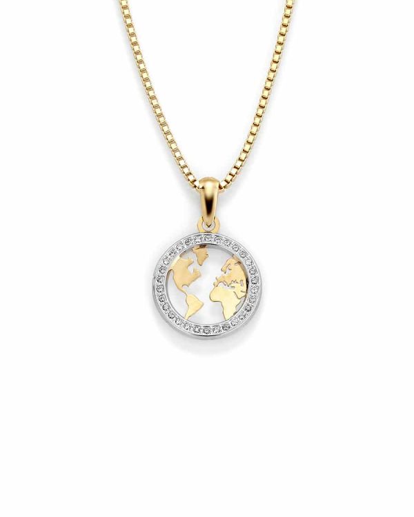 GD 1370 - Worldmap anheng med zirkonia i gull med 45cm kjede
