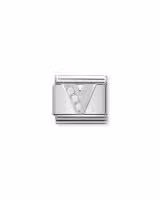 Nomination Charm, Composable Link, Letter V in Silver and Stones