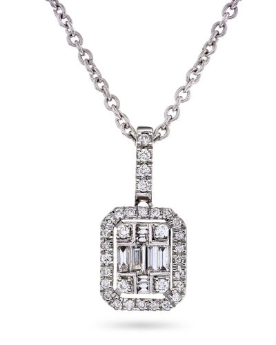 Necklace 18k WG, with loop, 32 diamonds 0,14ct, G-si, 8 baguette