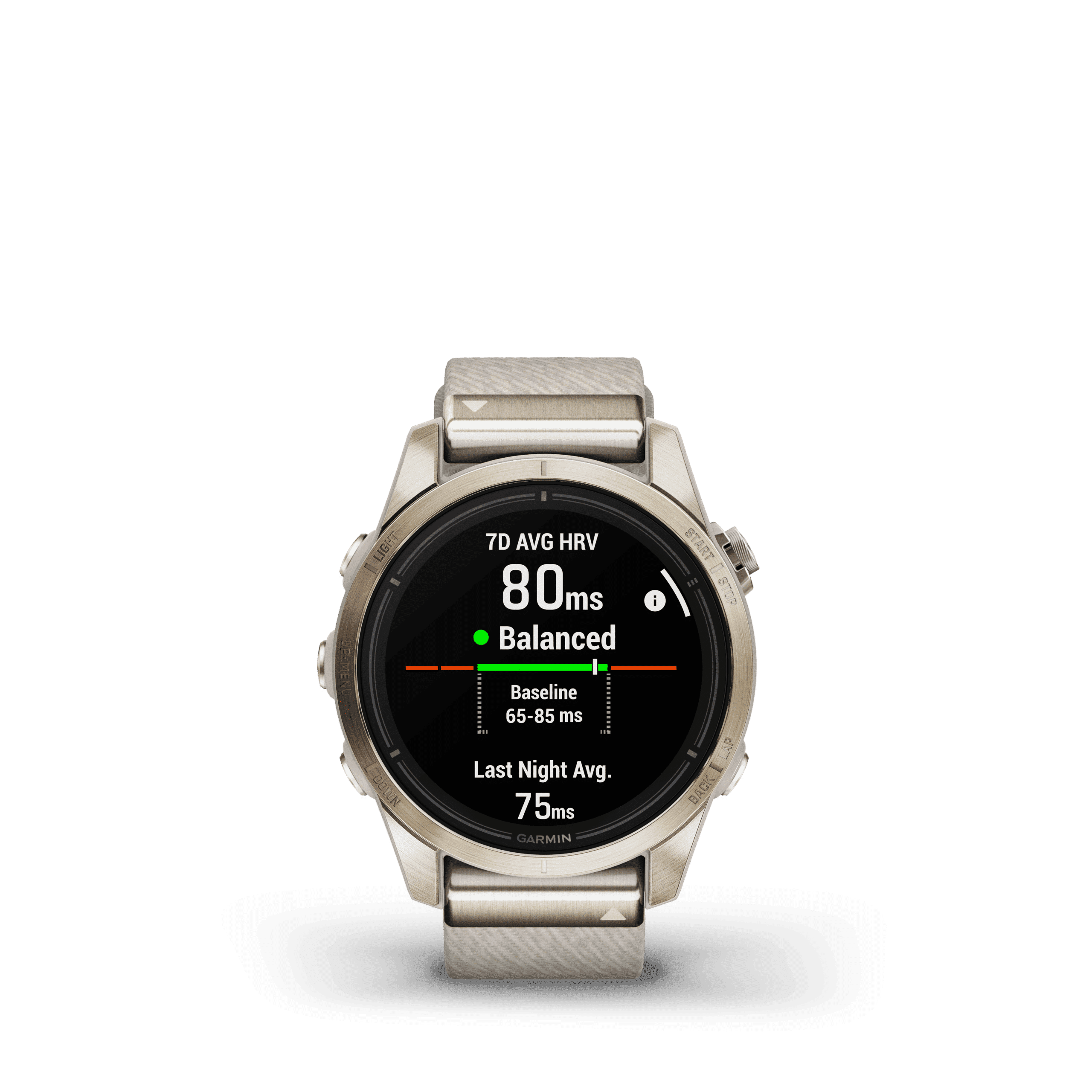 Garmin epix™ Pro (Gen 2) – Sapphire Edition | 42 mm Soft Gold med kremfarget, sammenflettet nylonrem - Bilde 6