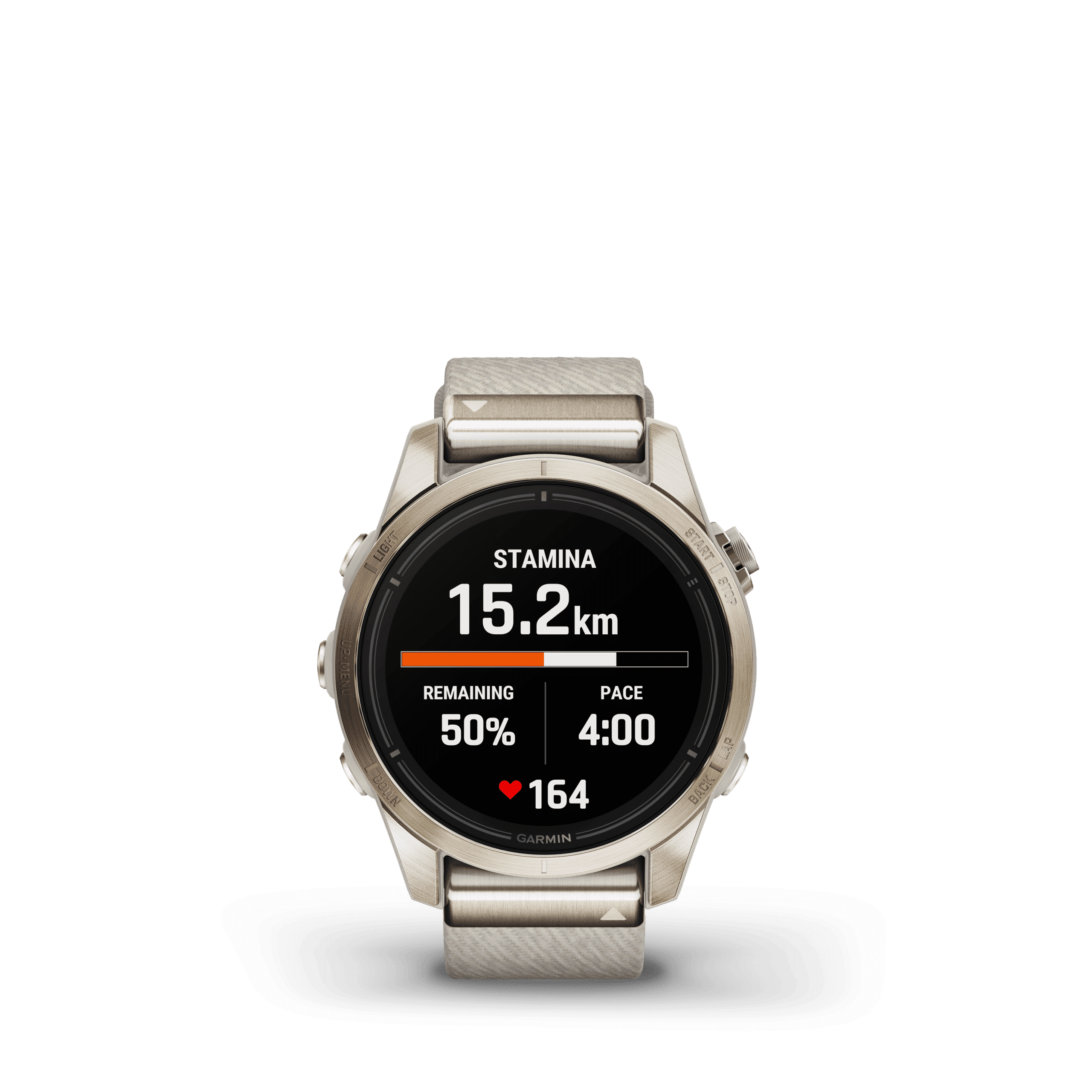 Garmin epix™ Pro (Gen 2) – Sapphire Edition | 42 mm Soft Gold med kremfarget, sammenflettet nylonrem