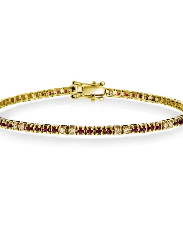 Tennisarmbånd i gult gull med diamanter og rubiner